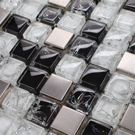 Crystal Mosaic Tile Kitchen Backsplash Brushed Stainless Steel With Base Crackle Glass Mosaic