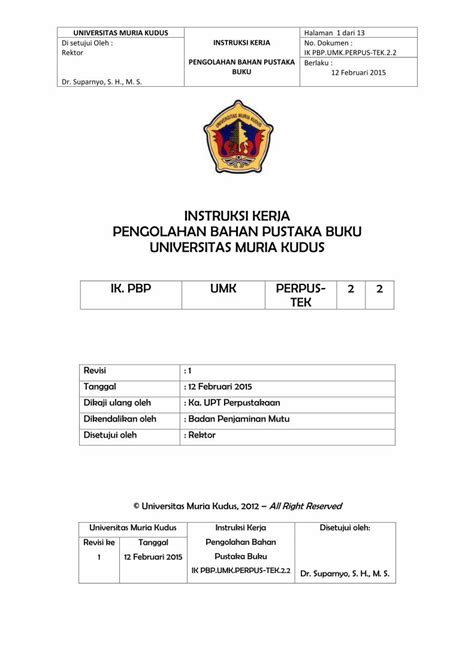 Instruksi Kerja Pengolahan Bahan Pustaka Buku Kerja Pengolahan