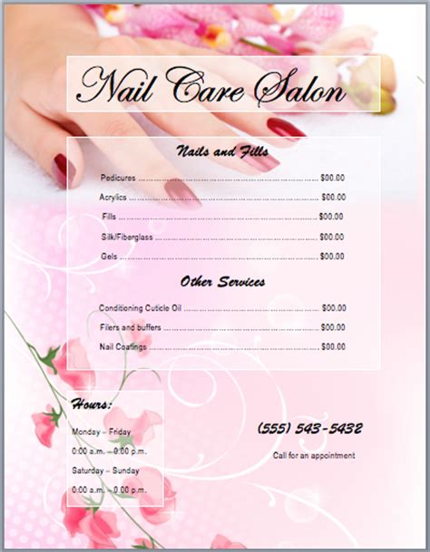 nail services salon price list template  word templates