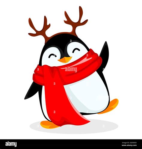 Cute Little Penguin Wearing Deer Antlers Mask And Warm Scarf Funny