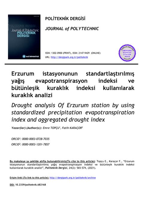 PDF Erzurum İstasyonunun Standartlaştırılmış Yağış Evapotranspirasyon