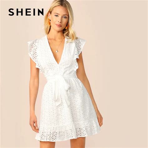 Buy Shein Plunging Neck Ruffle Armhole Schiffy Summer Dress 2019 Women Vacation