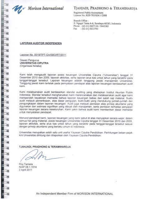 • laporan audit baku terdiri dari tiga paragraf : Laporan Audit Eksternal tahun 2010 - Universitas Ciputra
