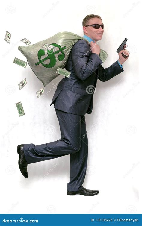 Bank Robber With Bag Full Of Money And Gun Stock Image Image Of