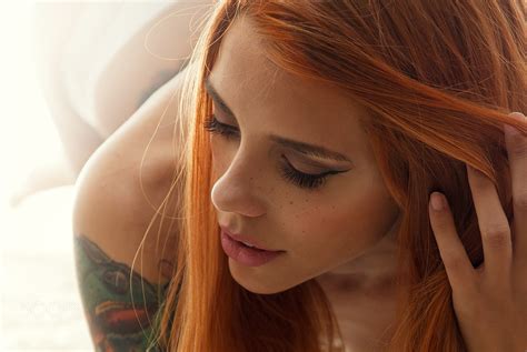 Wallpaper Women Face Tattoo Redhead Freckles Eyeliner Portrait