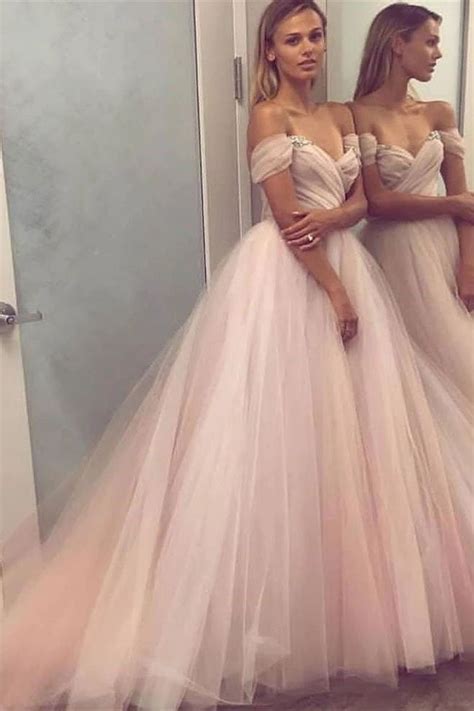 Fashion Light Pink Off The Shoulder Fluffy Prom Dresses Formal Evening