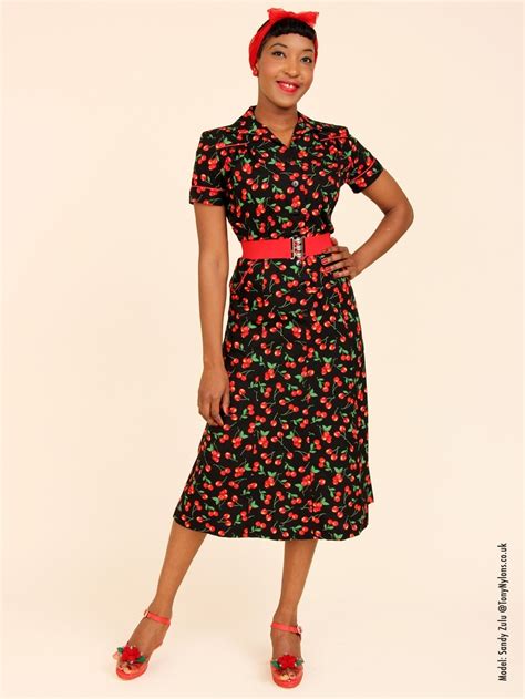 1940s Style Tea Dress Cherry Black From Vivien Of Holloway