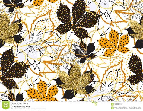 Fall Leaves Seamless Pattern With Gold Glitter Texture Vector