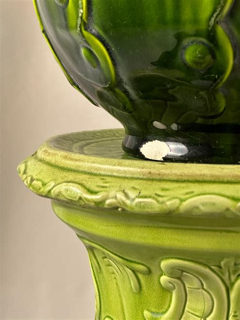 Victorian Green Majolica Jardinière Planter and Pedestal by Bretby