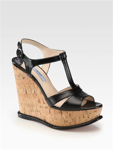 Prada Saffiano Patent Leather Platform Cork Wedge Sandals In Black