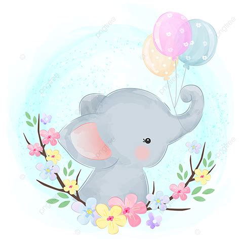 Tierno Elefante De Dibujos Animados Con Flores Sobre Un Fondo Blanco