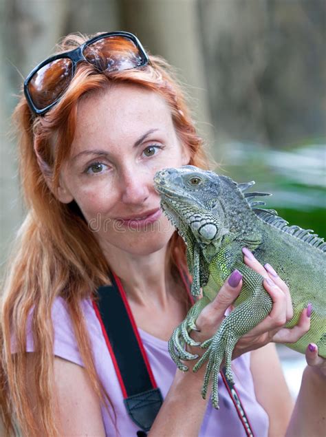 Portrait of the Girl with the Iguana. Close Up Stock Photo - Image of ...
