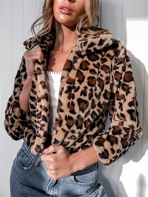 Cropped Faux Fur Coat Leopard Prints Faux Fur Cropped Jacket Brown Fur