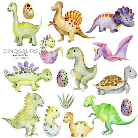 Cute Dinosaurs Collection Watercolor Illustration Stock Illustration