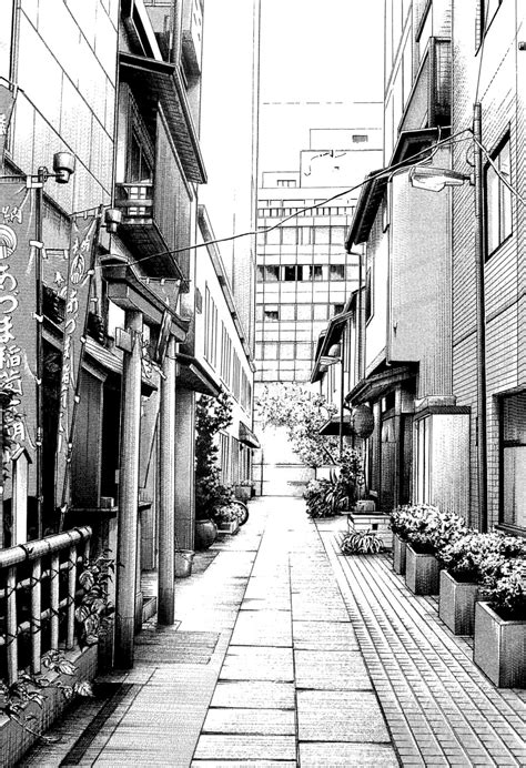 A Black And White Drawing Of An Alleyway With Buildings In The