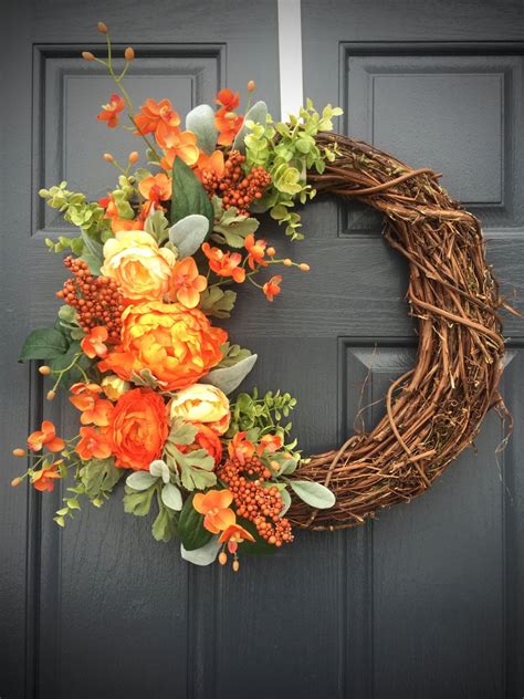 See more ideas about orange door, cool doors, beautiful doors. Orange Spring Wreath, Spring Door Decor, Orange Floral ...
