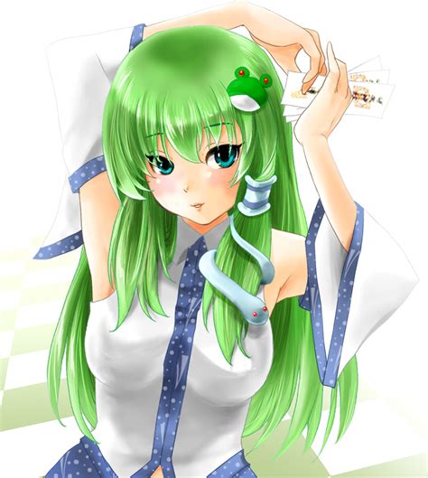 safebooru armpits bad id detached sleeves frog green eyes green hair hair ornament kochiya