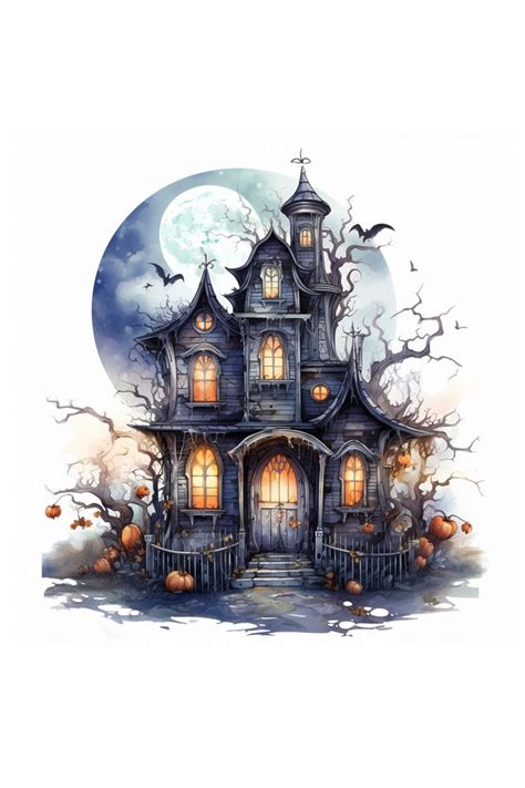 Watercolor Halloween Haunted House Clipart Design Free In 2023
