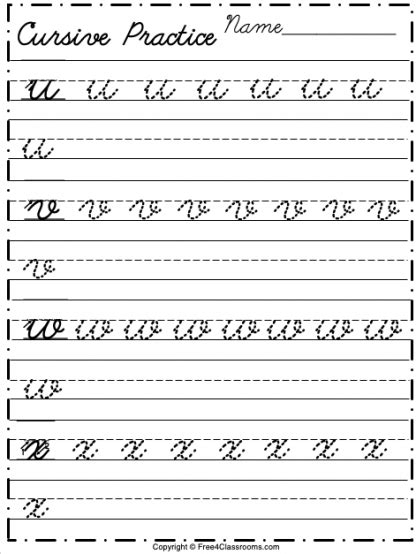 Free Lowercase Cursive Tracing Worksheet Letters U To X Free