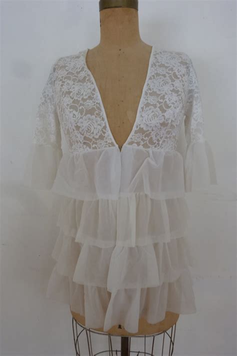 Vintage Bed Jacket Sheer White Lace Ruffles Lingerie Negligee Robe Flirty Nightie Cover Up Made