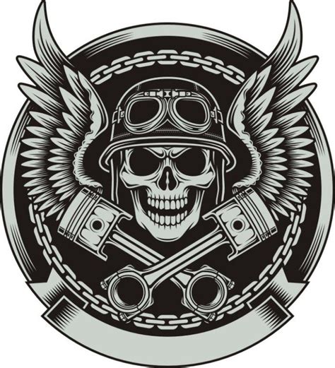 Vintage Biker Skull With Wings And Pistons Emblem Biker Tattoos