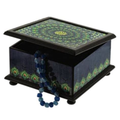 Peacock Hand Painted Reverse Glass And Wood Jewelry Box Wooden