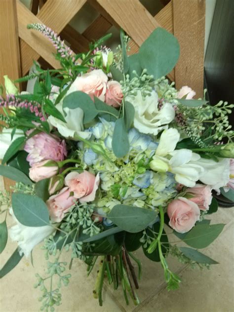Pastel Bridal Bouquet Of Pale Blue Hydrangea White Lisianthus Pink