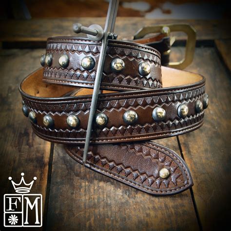 Brown Leather Studded Belt Hand Tooled Vintage Style Modern Western