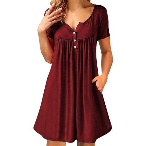 Anself Women Casual Loose Dress Cotton V Neck Short Sleeve Summer Dress