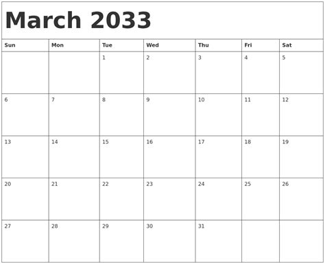 March 2033 Calendar Template
