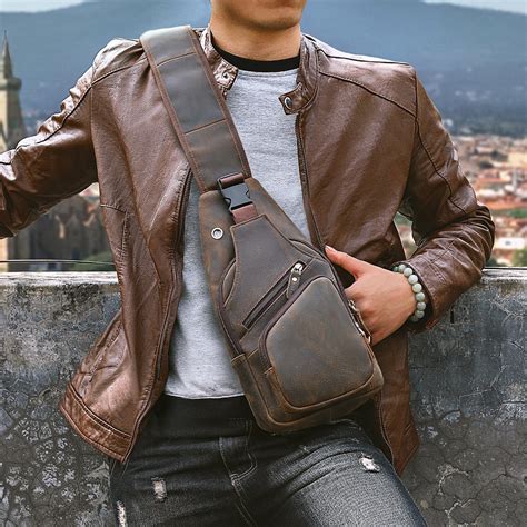 Men Original Crazy Horse Leather Casual Fashion Crossbody Chest Sling