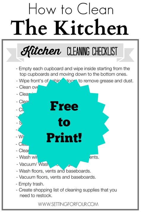 Check spelling or type a new query. Kitchen Cleaning Checklist Free Printable - Setting for Four
