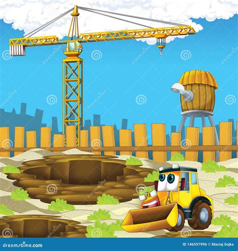 Cartoon Scene With Digger Excavator Or Loader On Construction Site