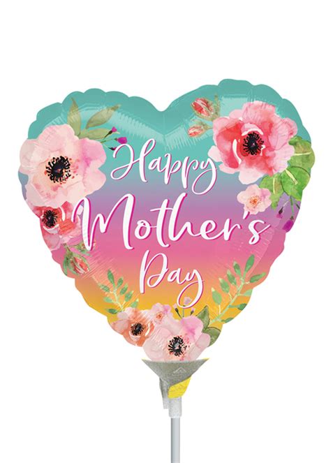 Ombre Flowers Mothers Day Heart Mini Air Filled Balloon On Stick