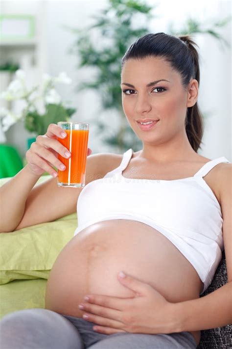 Beautiful Pregnancy Woman Drinking Healthy Juice Stock Photo Image Of