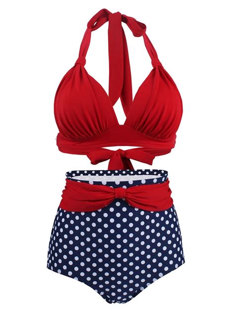 Concise Sexy Backless Retro Style Solid Red Two Pieces Bikini Bathing Suit Retro High Waisted