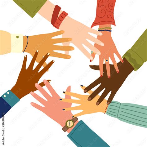 Teamwork Concept Friends With Stack Of Hands Showing Unity And