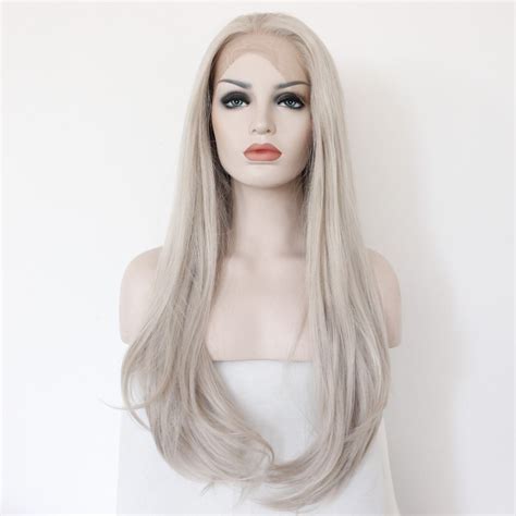 Fashion Straight Glueless Synthetic Grey Lace Front Wig Long Hair
