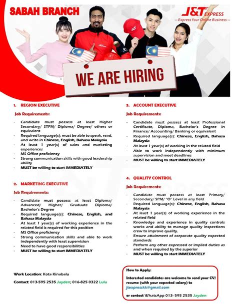 Minimum 1 year relevant working experience, preferably in hospital environment. Job Vacancy 6 Kekosongan @ J&T Express Kota Kinabalu Sabah