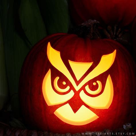Printable Owl Face Pumpkin Carving Stencil Halloween Pumpkin Etsy
