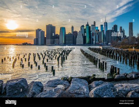 Downtown Manhattan Skyline At Sunset With One World Trade Center Hi Res
