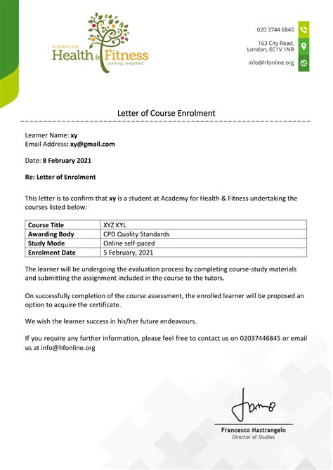 Enrolment Letter Academy For Health And Fitness