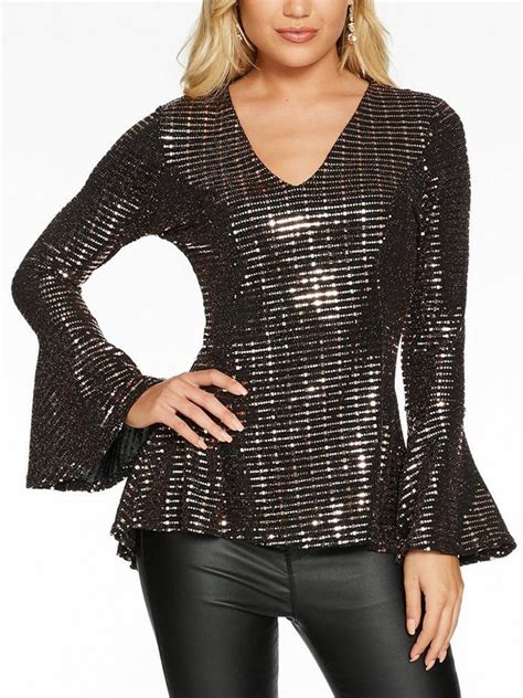 Silver Sequin V-neck Flare Long Sleeve Peplum Glitter Sparkly Casual Blouse - Blouses - Tops