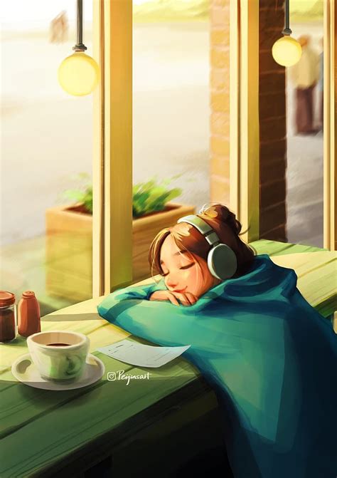Peijin Yang 웃고 창가 음악 컵 커피 차 세로보기 여자들 헤드폰 닫힌 눈 디지털 페인팅 그림 삽화 Hd 배경 화면 Wallpaperbetter