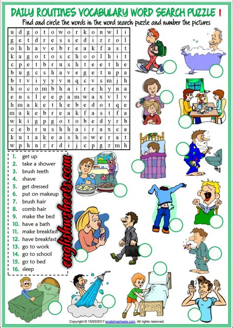 daily routines esl word search puzzle worksheets  kids word search