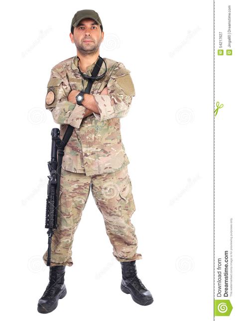 Full Length Portrait Of Young Soldier In Army Clothes With Gun A Stock