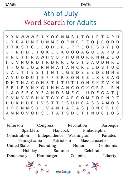 Printable 4th Of July Word Search Cool2bkids