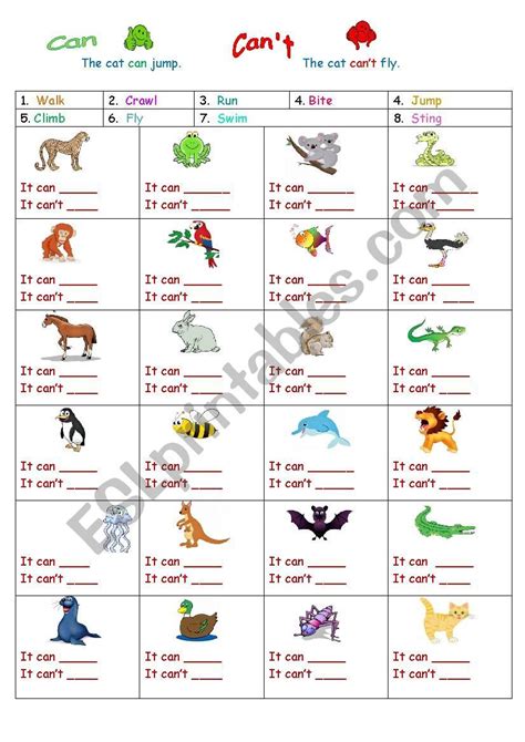 The Animal Can Or Can´t Esl Worksheet By Sunshinenikki English