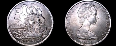 1967 New Zealand 50 Cents World Coin Elizabeth Ii Endeavour For Sale