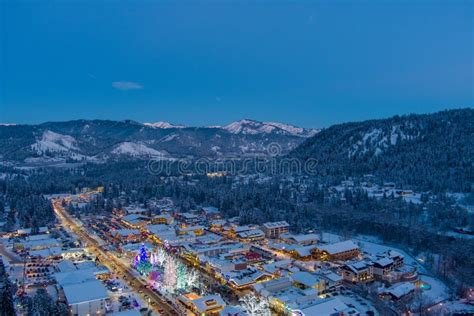 Aerial View Of Leavenworth Washington At Twilight In December Of 2021